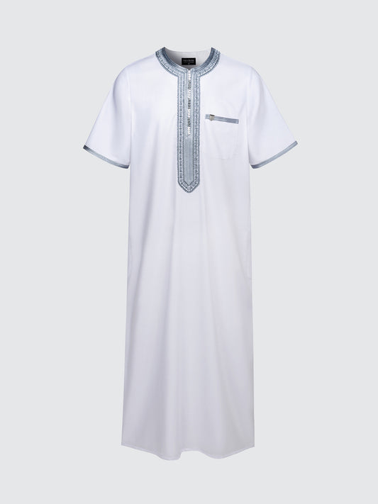 Imaarah Moroccan Short Sleeve Thobe White with Grey
