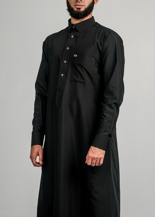 Imaarah Collared Thobe Black With Gold Button