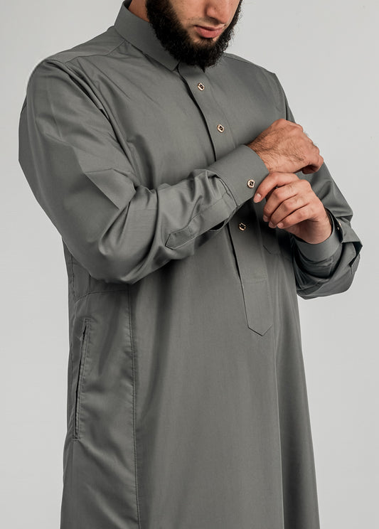 Imaarah Collared Thobe Grey With Gold Button