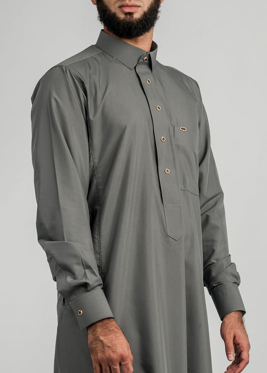 Imaarah Collared Thobe Grey With Silver Button