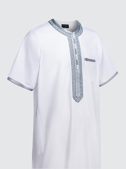 Imaarah Moroccan Short Sleeve Thobe White with Grey
